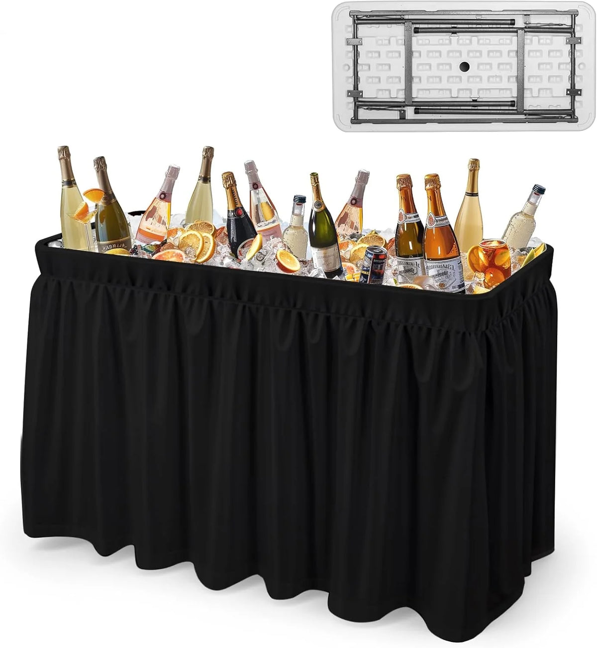 4 feet black ice crystal table. portable rear panel camping fishing cleaning table. plastic material with matching skirt. suitable for parties. barbecues. camping and picnics as an ice chest