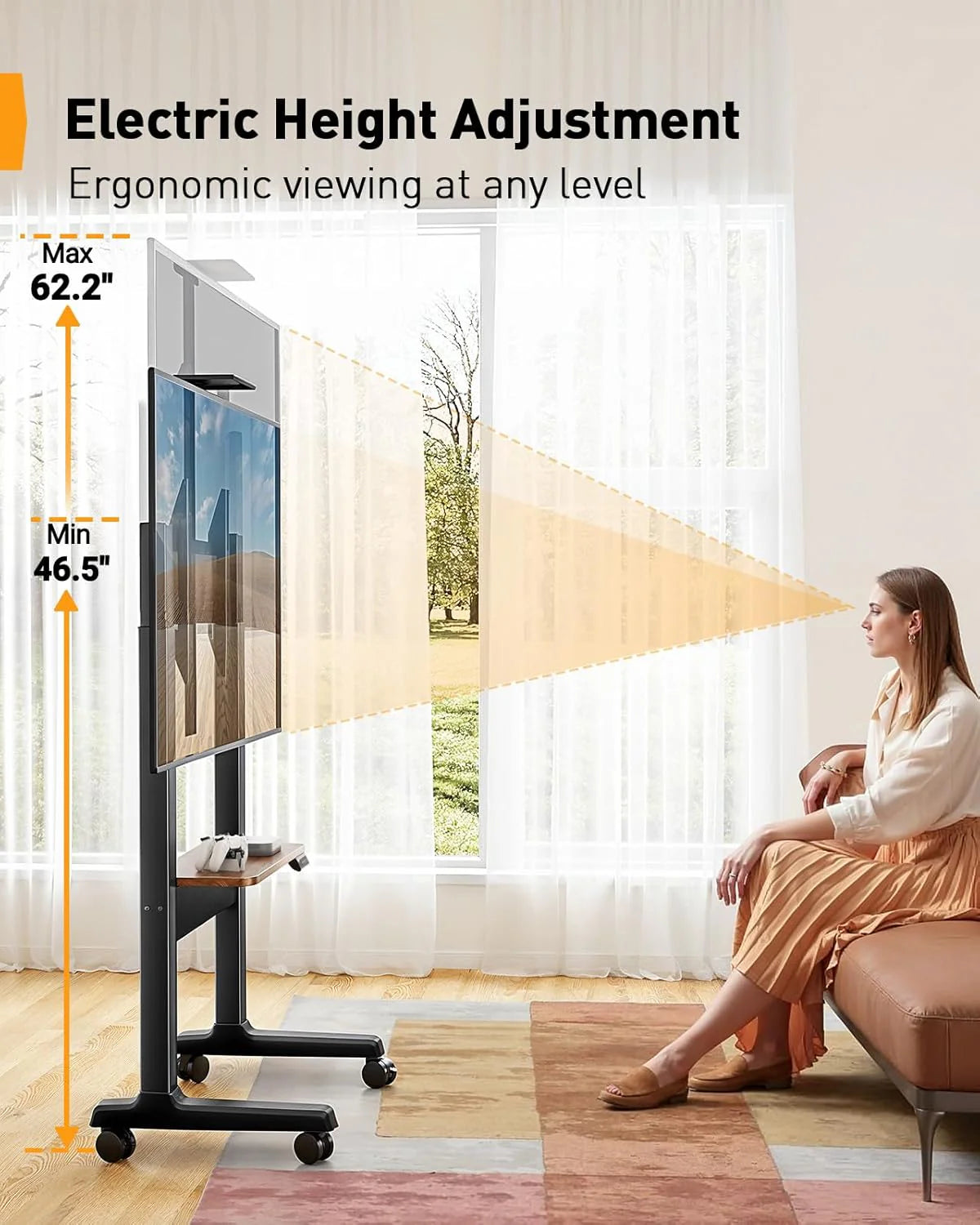 Motorized Mobile TV Stand on Wheels for 37–86 Inch TVs up to 154 lbs. Electric Height Adjustable Rolling TV Stand. VESA 200x200–600x400mm. Wooden Shelf & Panel. PGTVMC26B