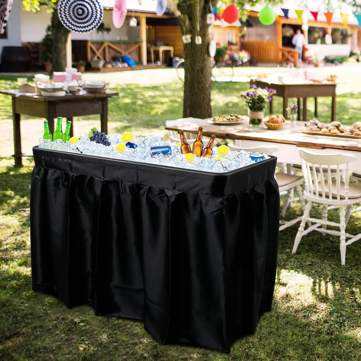 4 feet black ice crystal table. portable rear panel camping fishing cleaning table. plastic material with matching skirt. suitable for parties. barbecues. camping and picnics as an ice chest