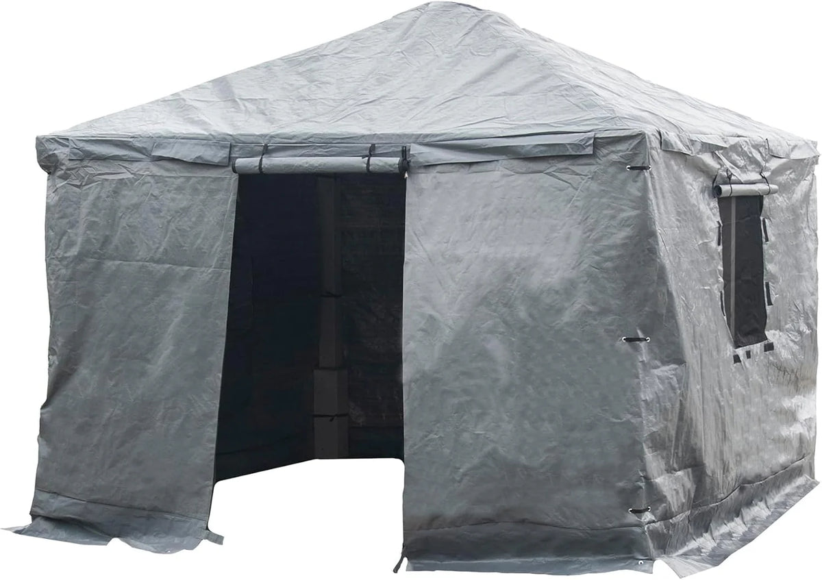 Universal winter tarpaulin. suitable for tall sunshades. used for storing barbecue grills and outdoor furniture. with fireproof and weather-resistant properties. measuring 10 feet by 12 feet. and in gray color.