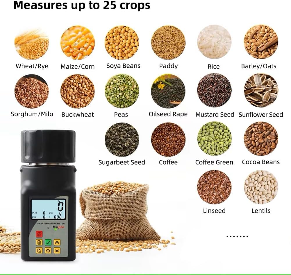 Portable mini grain moisture measuring instrument. suitable for 25 types of grains such as coffee. cocoa. rice. wheat. etc.. with 99 sets of data storage function