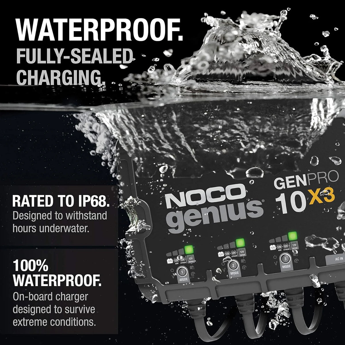Three sets of batteries. 30-ampere built-in battery charger - Each set consists of 10-ampere. 12-volt waterproof marine charger. featuring overcharge protection and temperature compensation functions - Suitable for lead-acid batteries and lithium bat