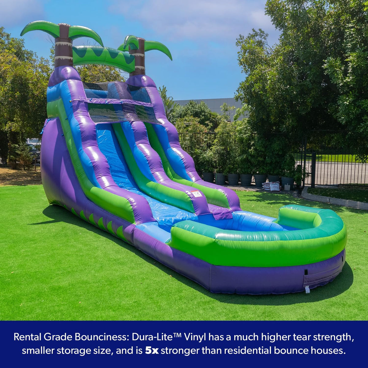 16' Purple Tropical Lightweight Premium Commercial Grade Water Slide Inflatable with Attached Pool for Kids and Adults (with Blower). Wet Dry Use. Summer Fun