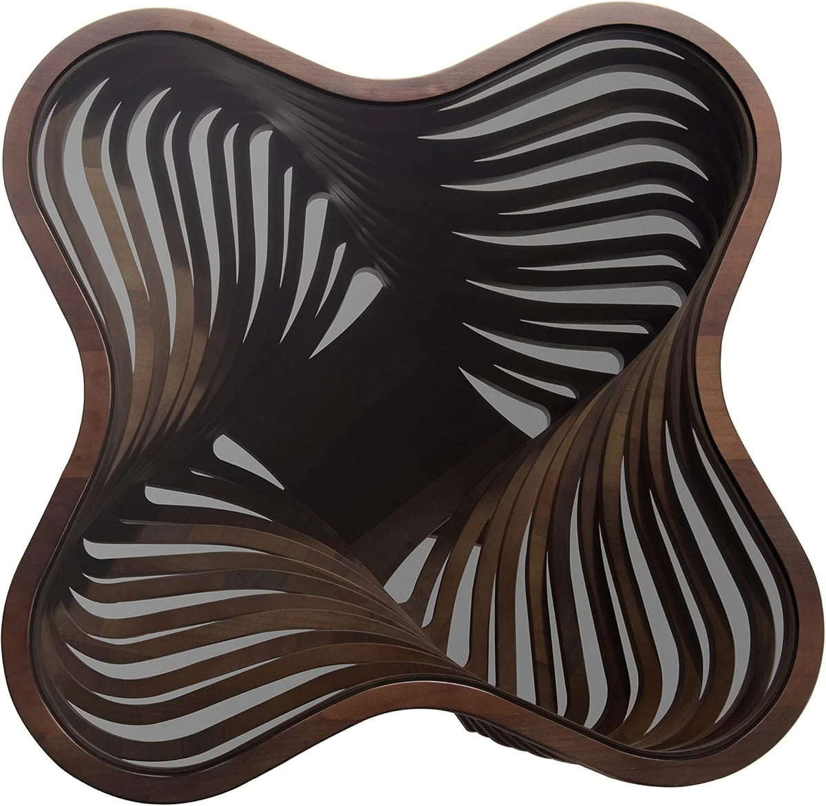Design a modern coffee table - natural walnut veneer. tempered glass tabletop. layered wave shape. rustic wood. modern living room table. luxurious home and office decoration. central table in the living room.
