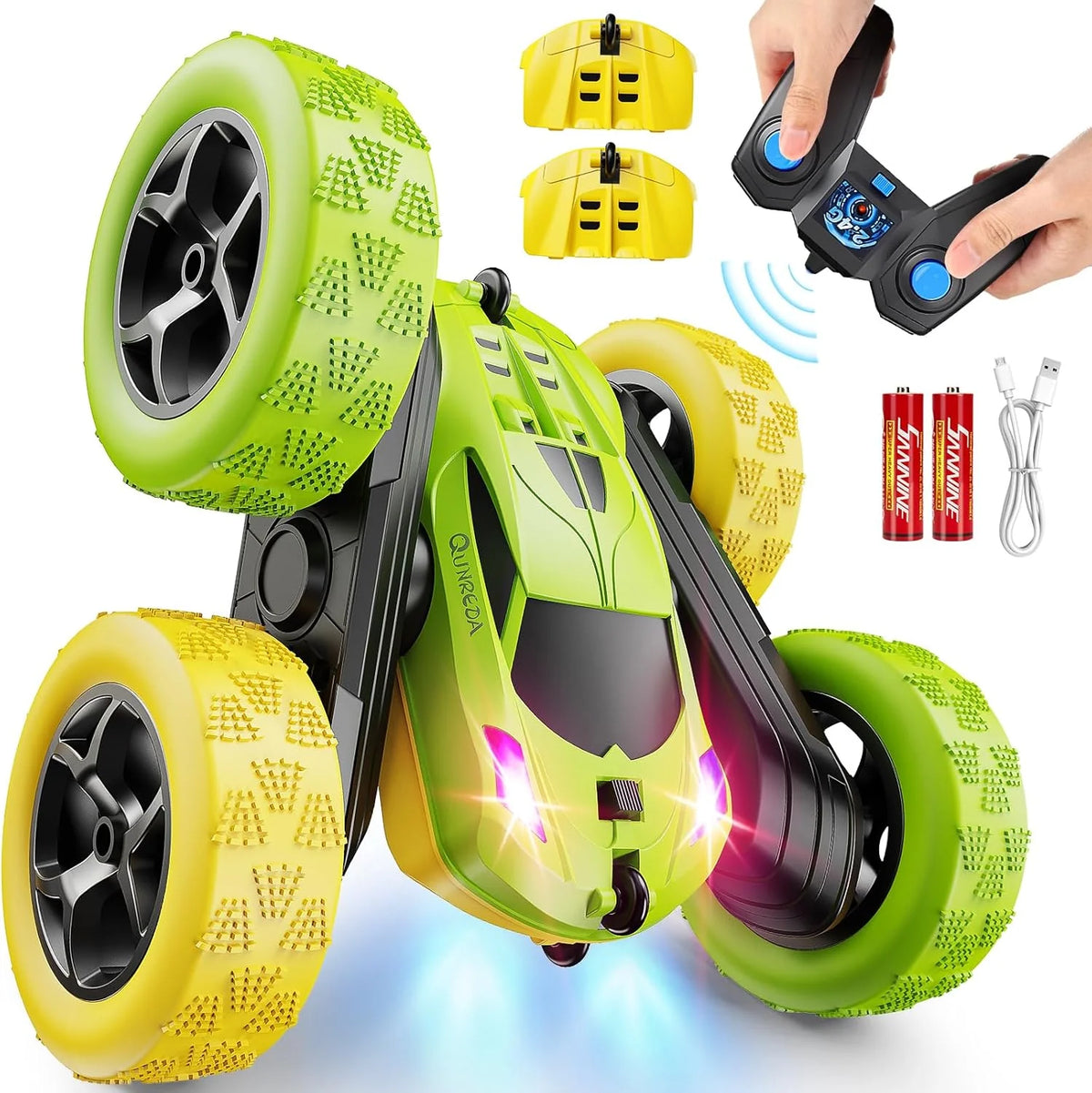 Children's version remote control car (suitable for children over 6 years old). RC car stunt toy. four-wheel drive. double-sided design. 360° rotating remote control. with headlights. is a birthday or Christmas gift for boys aged 6. 7. 8. 9. 10. 11.