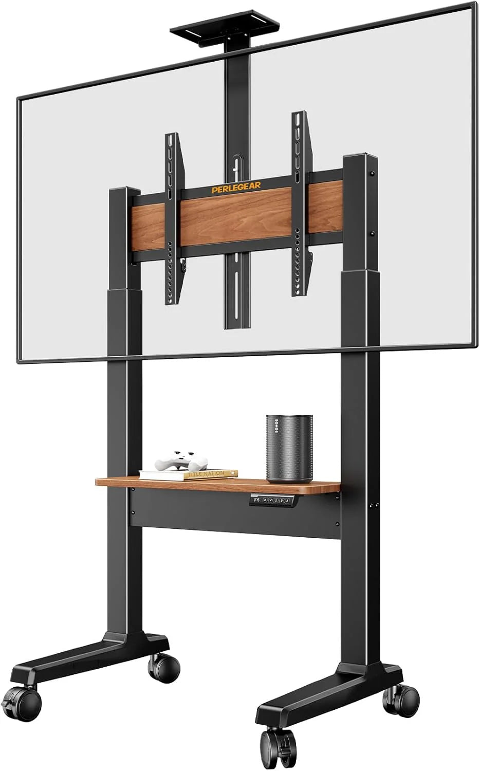 Motorized Mobile TV Stand on Wheels for 37–86 Inch TVs up to 154 lbs. Electric Height Adjustable Rolling TV Stand. VESA 200x200–600x400mm. Wooden Shelf & Panel. PGTVMC26B