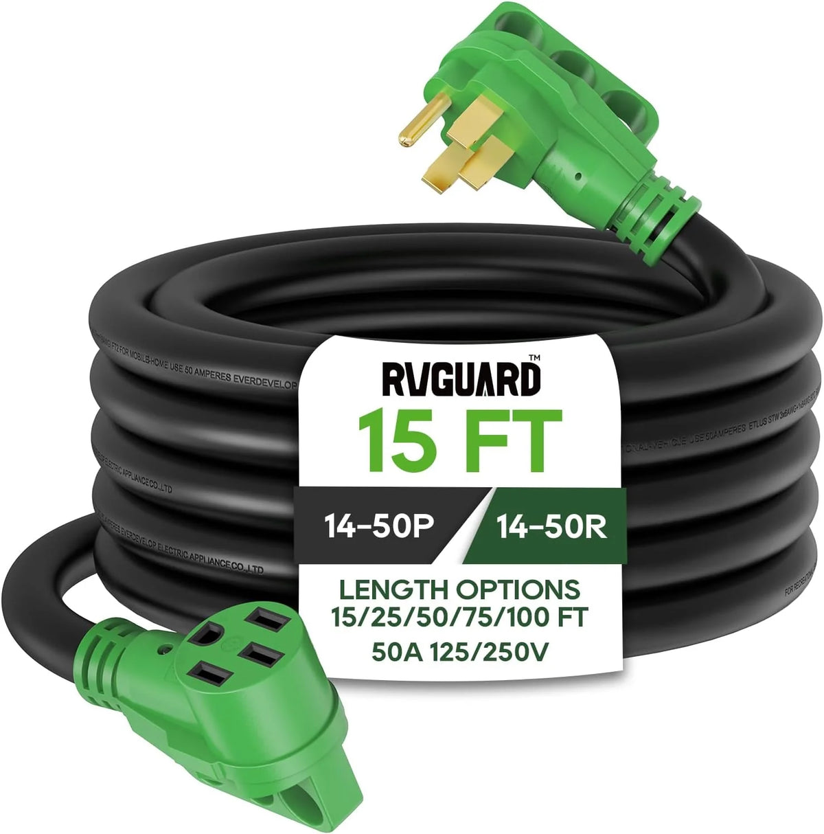 50 Amp 50 Foot RV/EV Extension Cord. NEMA 14-50P/R Heavy Duty Extension Cord with LED Power Indicator and Cord Organizer. Green. ETL Listed