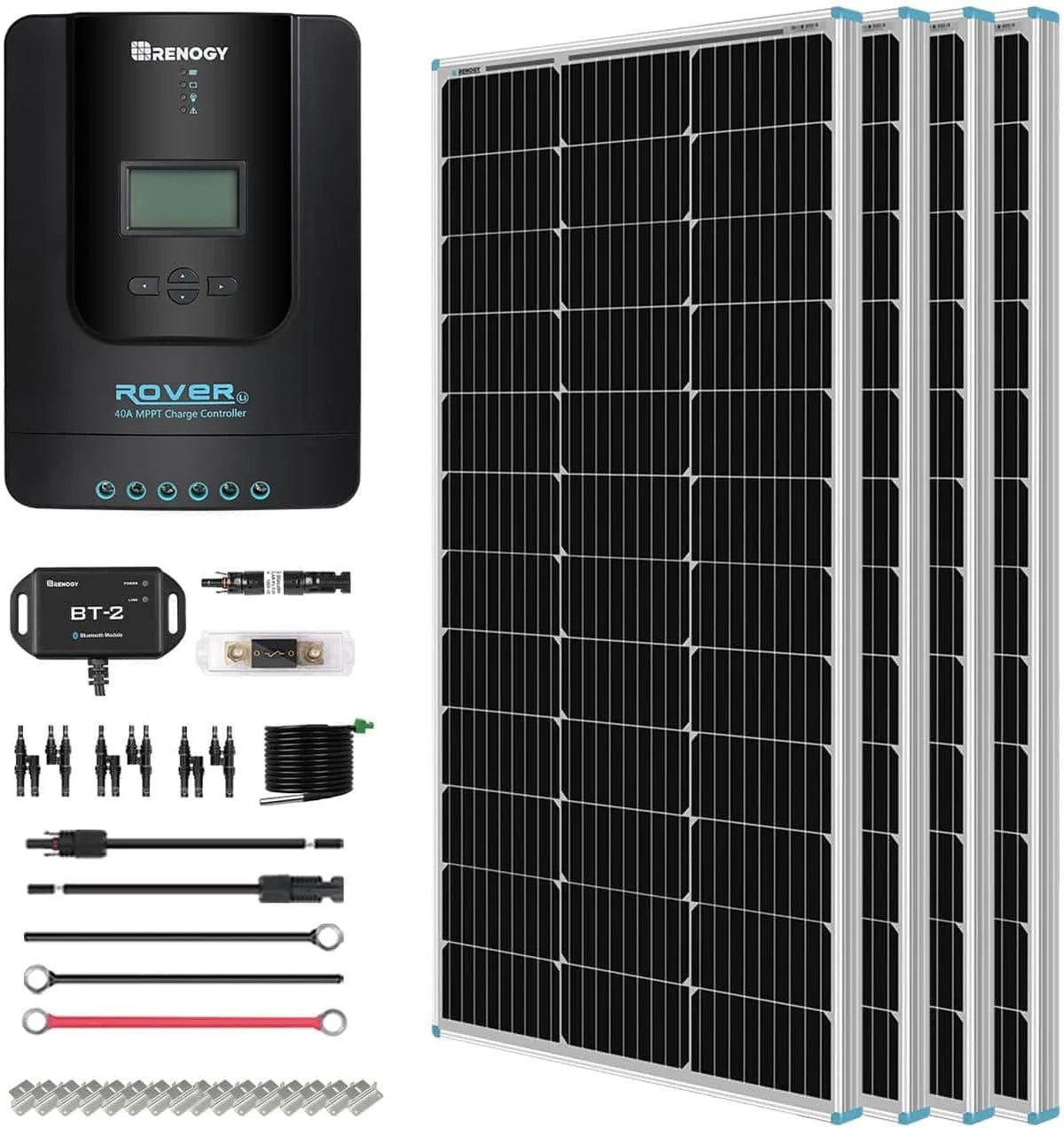 400 Watt 12 Volt Premium 4 Pcs 100W Panel+40A MPPT Charge Controller+ Bluetooth Module Fuse+ Mounting Z Brackets+Adaptor Kit +Tray Cables Set. 400W. Grid 12V Solar Power System