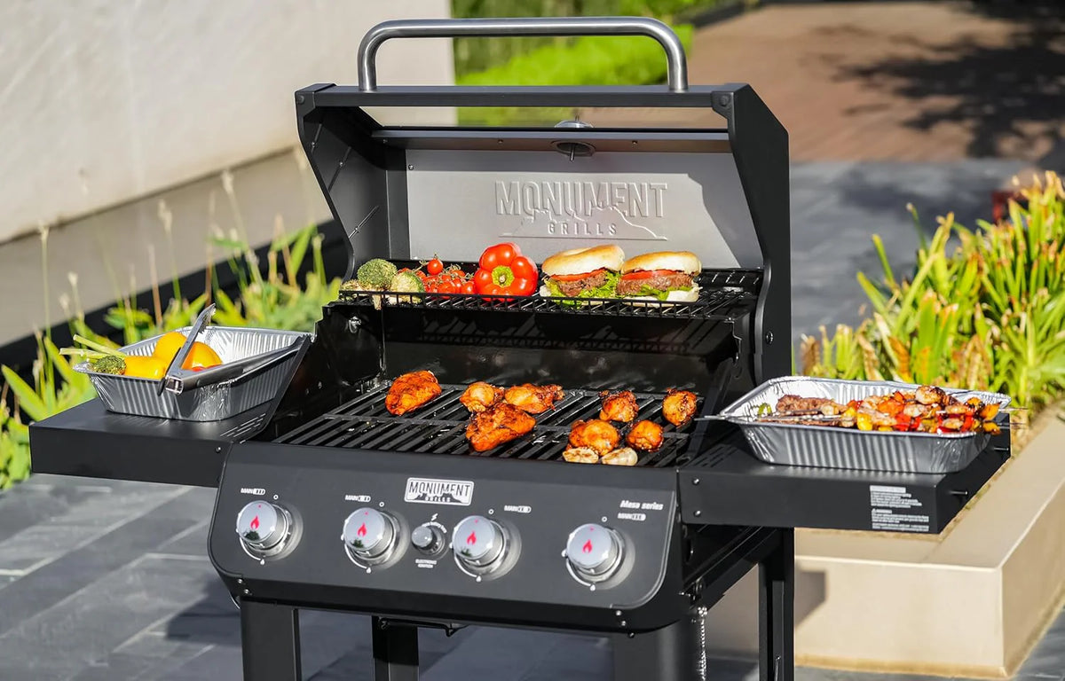 Grills 4-Burner Liquid Propane Gas Grill. Silver Stainless Steel Grill Outdoor Patio Garden Barbecue Grill with Clearview® Lid and One Foldable Shelf. Mesa400MF