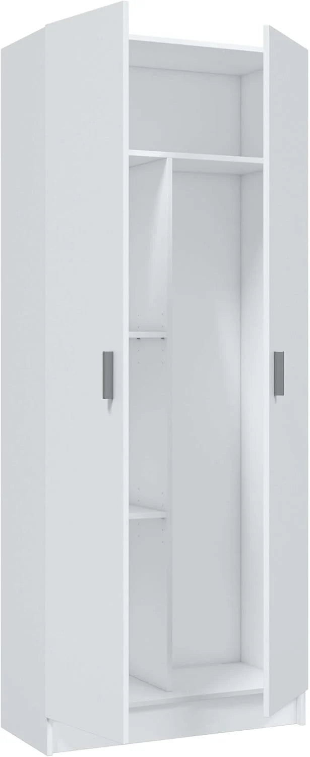 Habitdesign Multi-Purpose Wardrobe. Broom 2 Doors 3 Shelves. 180 x 73 x 37 cm (H x W x D – cm). Matt White