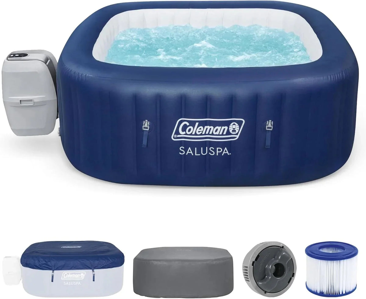 4 to 6 Person Inflatable Hot Tub Square Portable Outdoor Spa with 114 Soothing AirJets and Insulated Cover.
