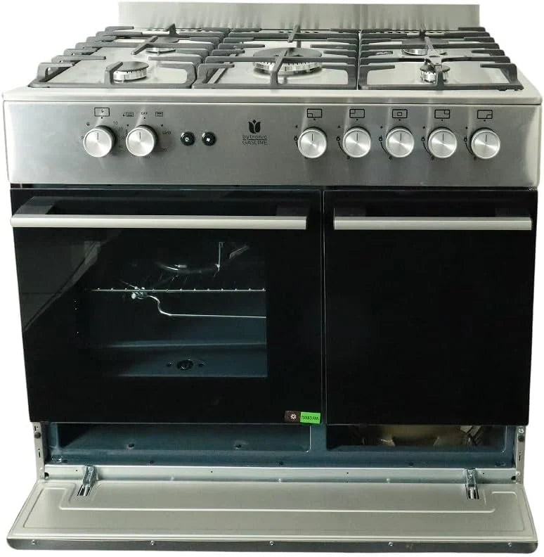 Gasline Gas Standherd mit Flaschenschrank 90cm GAG90GOXFL. 5 Flammig Sabaf-Brenner. Elektrische-Zündung und Vollzündsicherung Propan LPG...