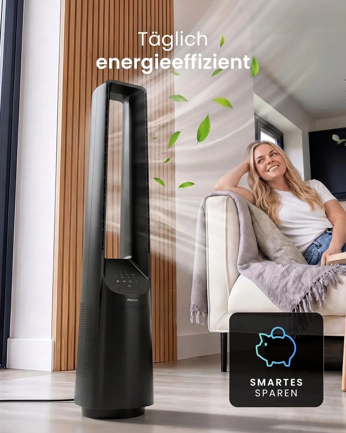 Pro Breeze 101cm rotorloser Ventilator - Smart Home Ventilator mit WLAN. Fernbedienung. LED Display. 6 Geschwindigkeiten - Turmventilator sehr leise.