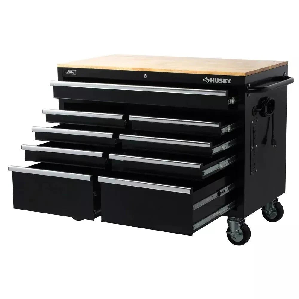 46-Inch W x 24-Inch D 9-Drawer Deep Tool Chest Mobile Workbench. Gloss Black