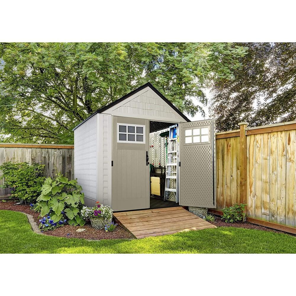 7 x 7-Ft. Resin Outdoor Garden Storage Shed with Windows and Utility Hooks. Sand