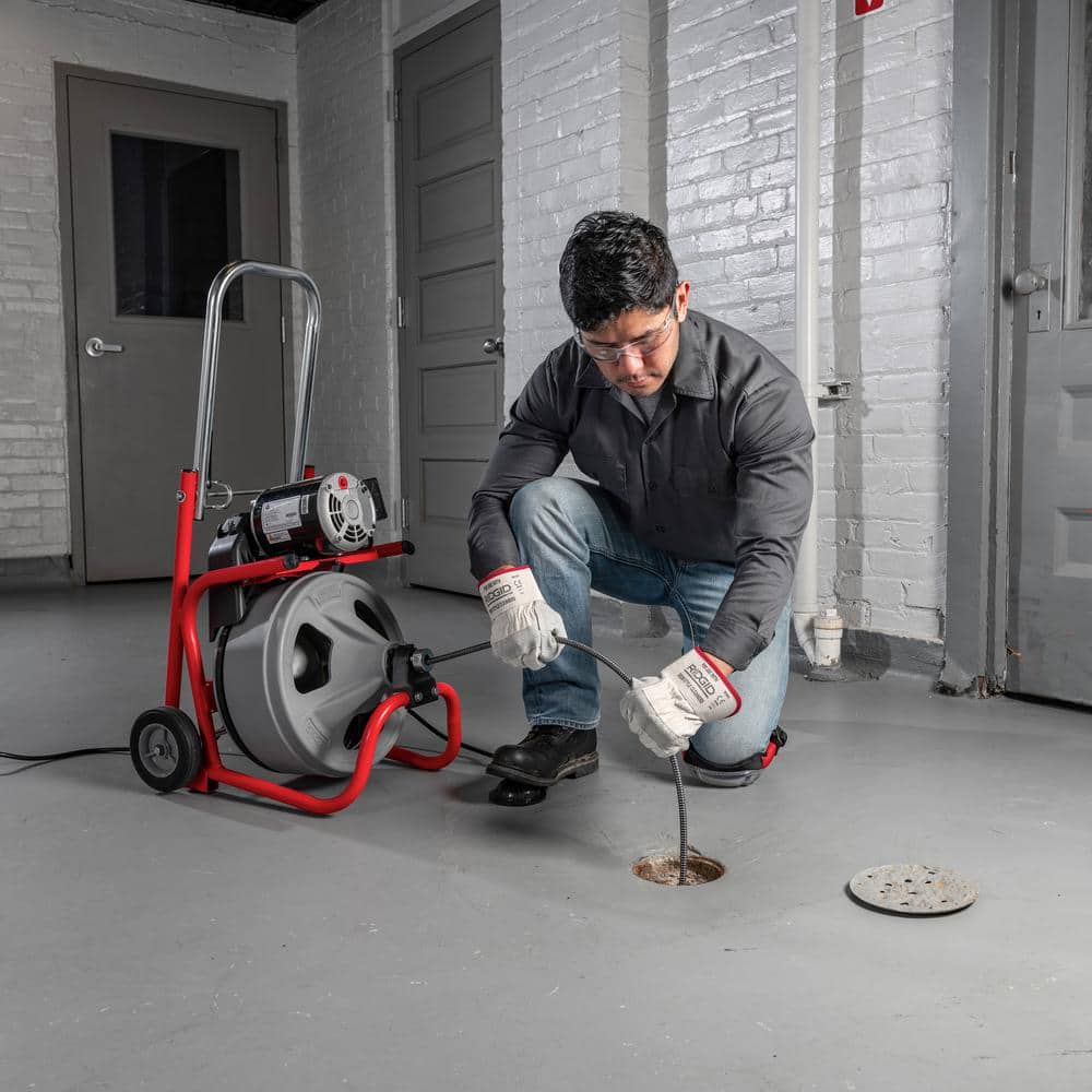 120V Drum Drain Cleaning Snake Auger with 3/8-In. x 75-Ft. Cable. 4-Piece Tool Set and Gloves