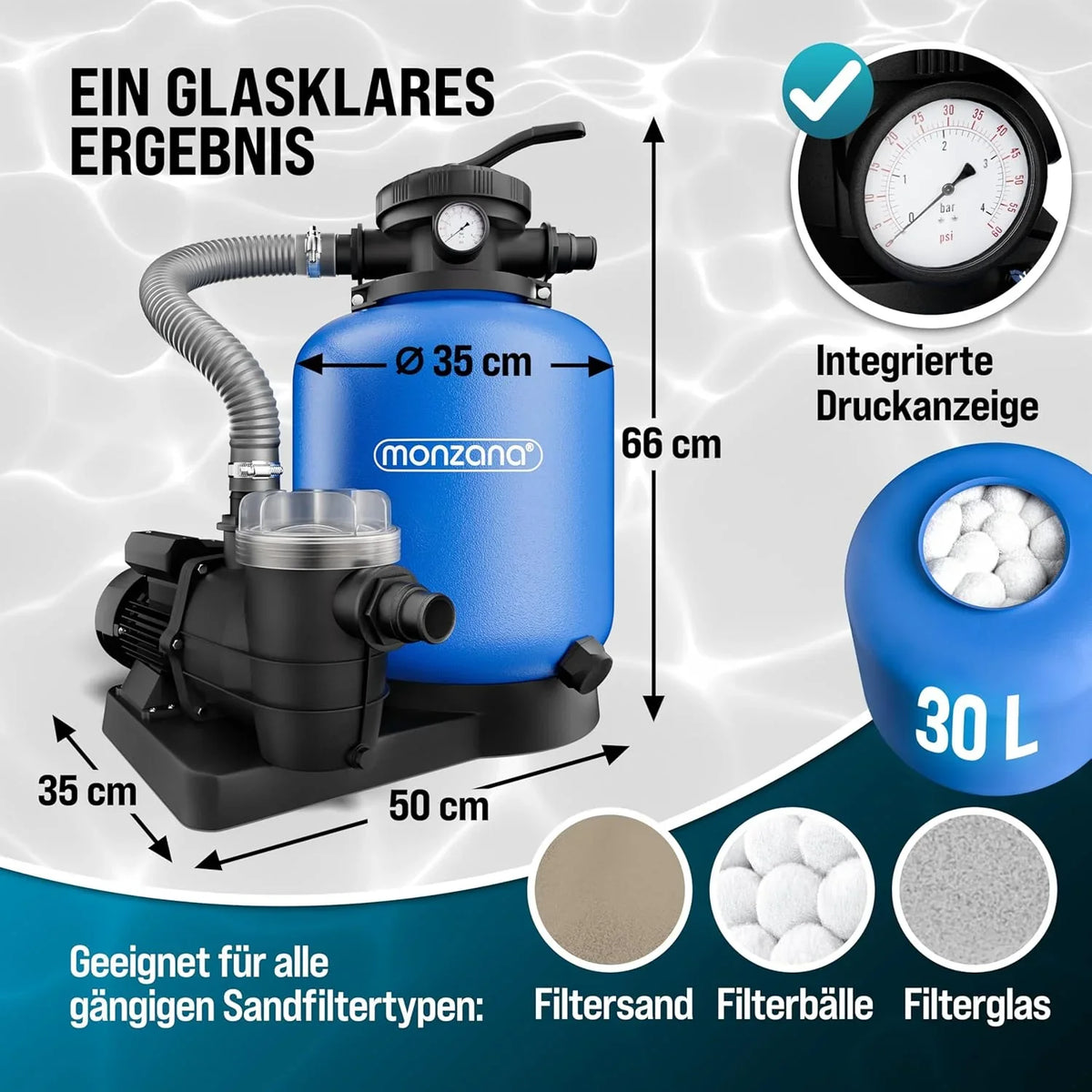 MONZANA Sandfilteranlage 13.200L/h bis 58.000L Pool Vorfilter 7-Wege-Ventil 600W 30L Tank 2in1 Adapter Ø32-38mm Filteranlage Poolfilter Sandfilter