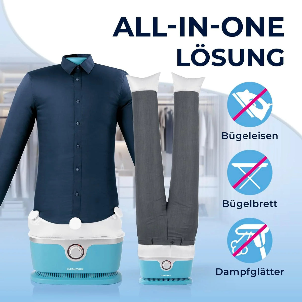 CLEANmaxx automatischer Hemdenbügler inklusive Hosenaufsatz | Bügler für Hemden. Blusen & Hosen. schonender als Wäschetrockner und Bügeleisen |