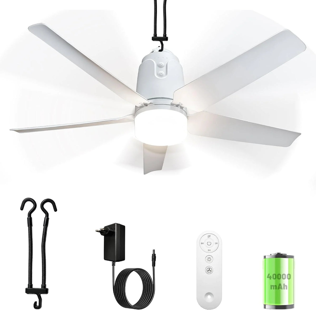 80CM Akku Deckenventilator mit Beleuchtung für Outdoor. 40000mAh Akku Groß Mobiler Ventilator mit Licht. 3000K-6000K Dimmbar. Fernbedienung & Haken.