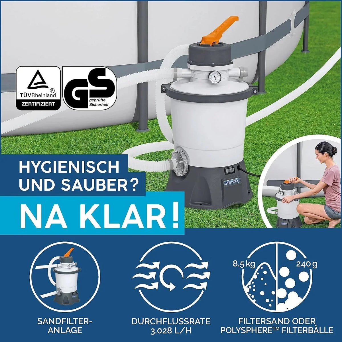 Bestway Hydrium - Piscina de Pared de Acero con Filtro de Arena. diámetro de 300 x 120 cm. Gris. Redonda