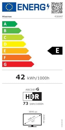Hisense 43E6NT 108cm (43 Zoll) Fernseher. 4K UHD Smart TV. Precision Colour. HDR. Dolby Vision. 60Hz. Triple Tuner DVB-C/S/S2/T/T2. WiFi. HDMI 2.1.