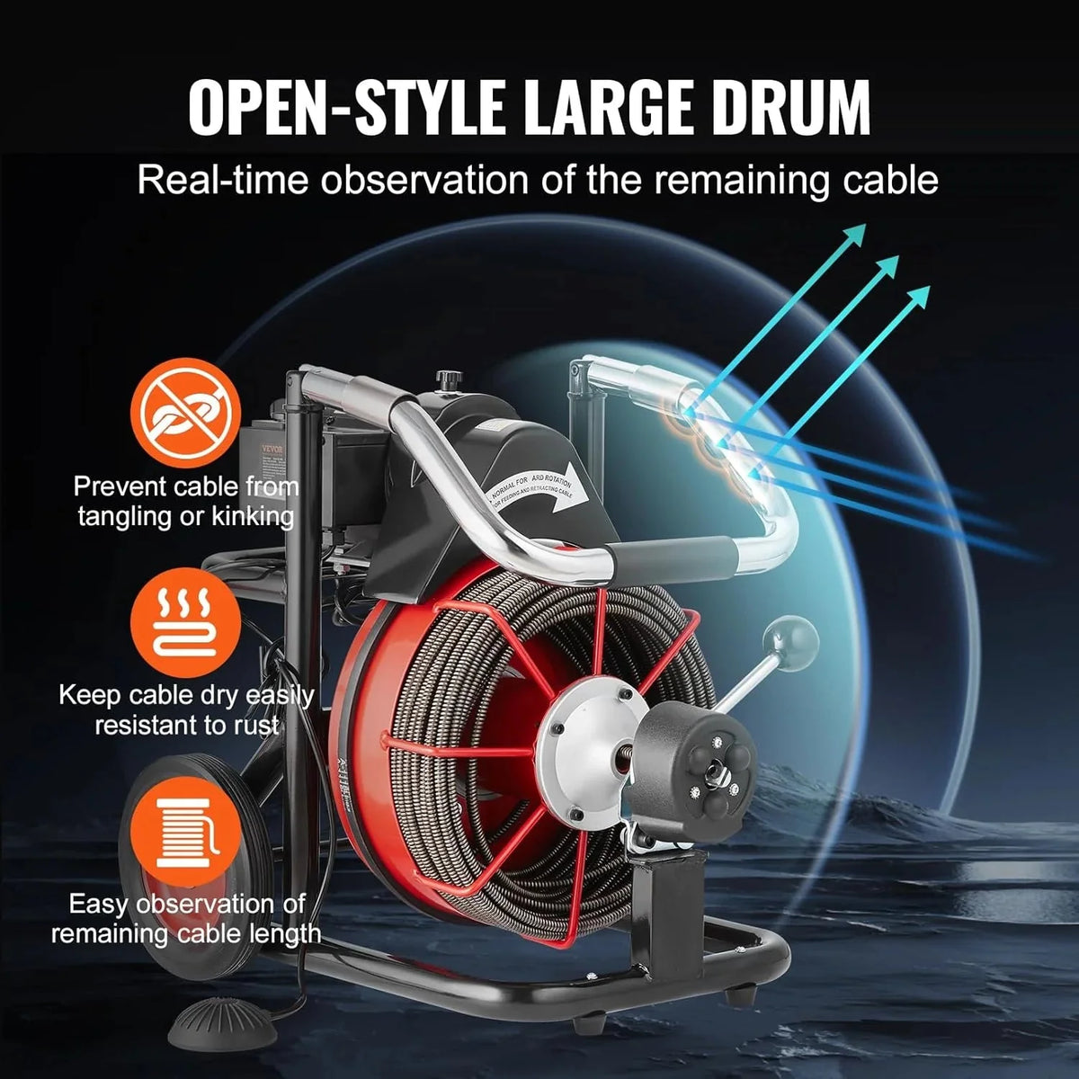 550W Drain Cleaning Machine. 100-Ft. x 1/2-Inch Sewer Snake Auger with 8 Cutters. Wheels and Foot Switch. for 2-4-Inch Pipes