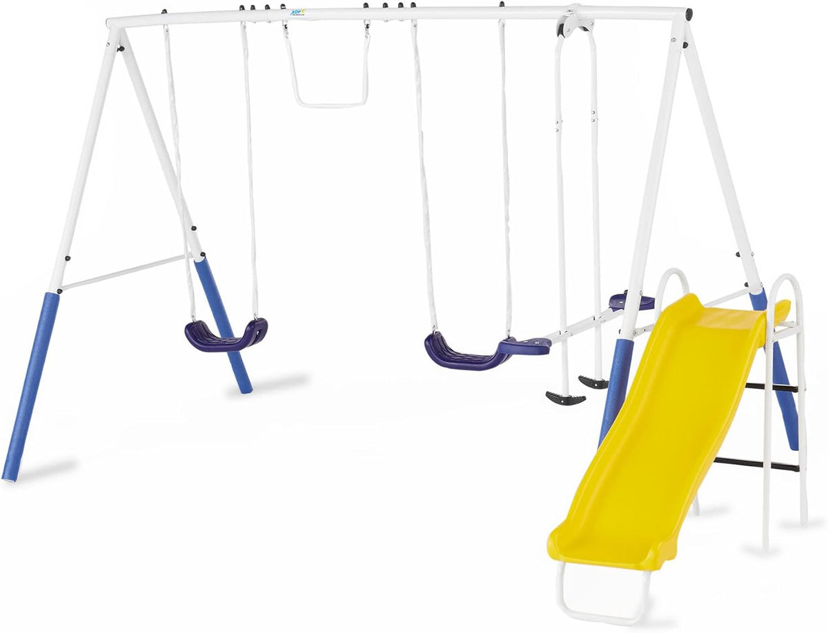 Recreation Blue Ridge Backyard Playground Set Sturdy Metal A Frame Swing with Chain Covers. Glider. Trapeze. 2 Swings. and Slide. Multicolor