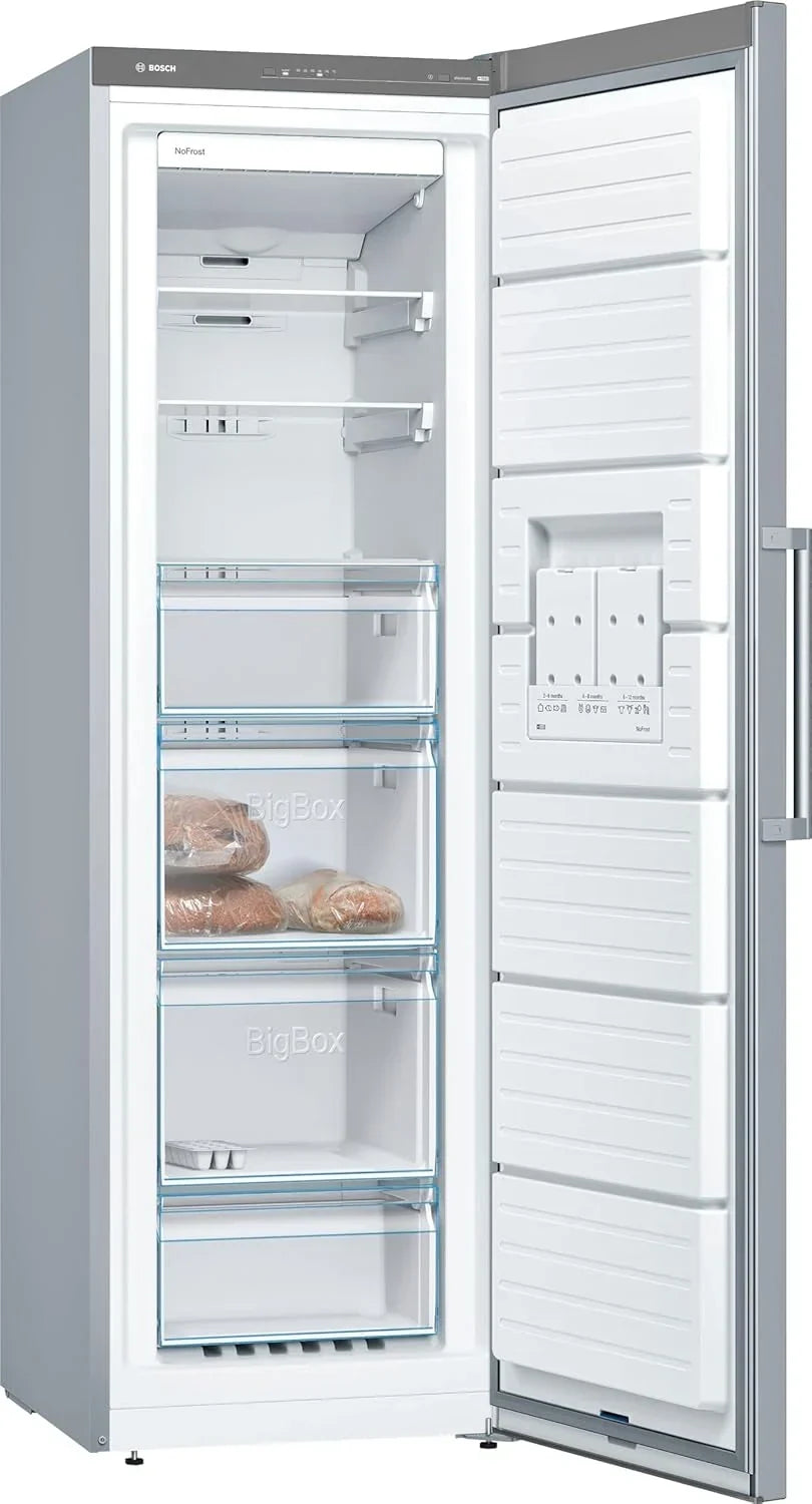 Bosch - Congelador Vertical NoFrost. Serie 4. alto 186 x ancho 60 cm. 242 L. Cajones BigBox para alimentos grandes. Sistema Multiairflow. Acero.
