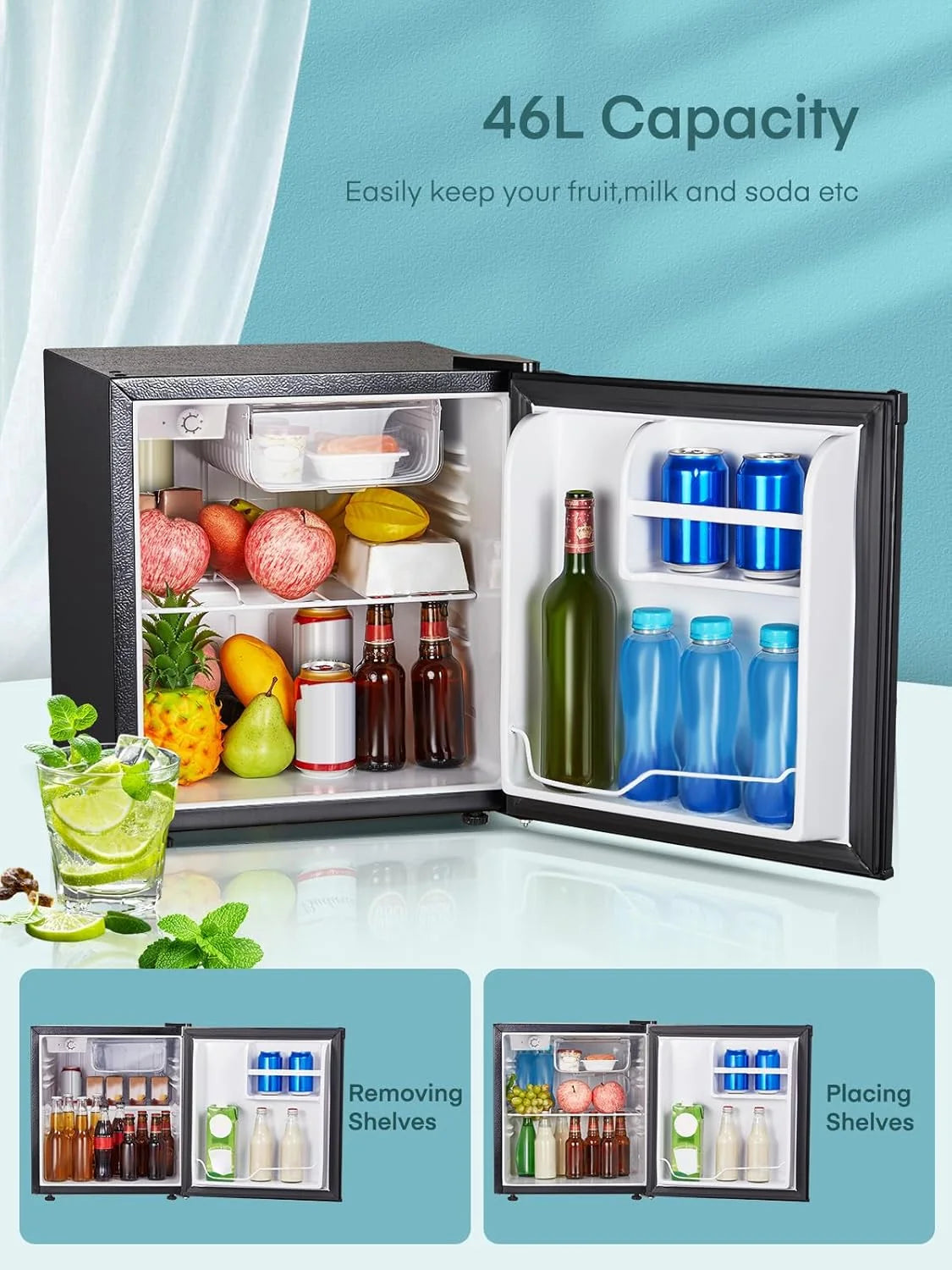 FOHERE Mini Kühlschrank 46L mit Eisfach | Kühlschrank Klein | Temperaturregelung. Energiesparend. Leise | Getränkekühlschrank Ideal für Büro. Camping