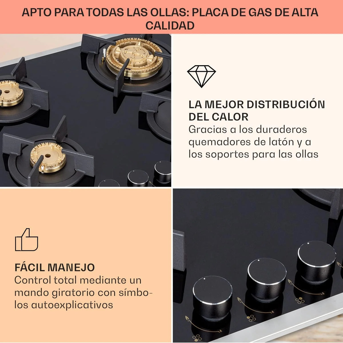 Klarstein Cocina de Gas Butano. Placa de Gas 4 Fuegos 8000W. Placa Vitroceramica Gas Integrada para Cocina. Placa Gas Butano de Diseño. Encimera Gas