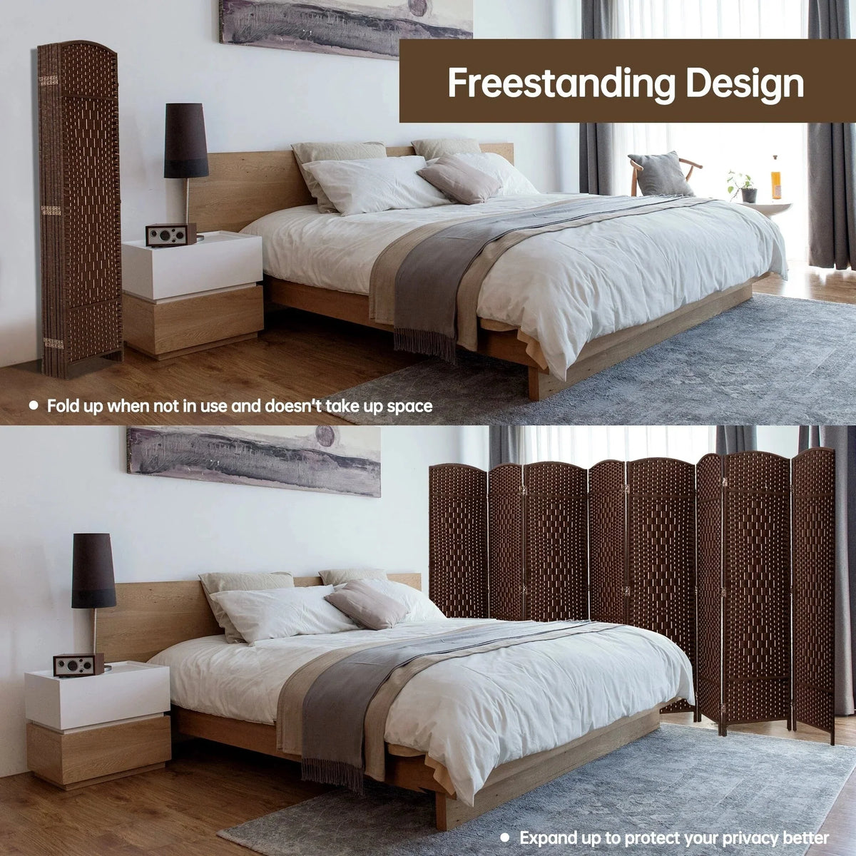 6 FT Tall Woven Fiber Room Divider. Freestanding Folding Privacy Screen
