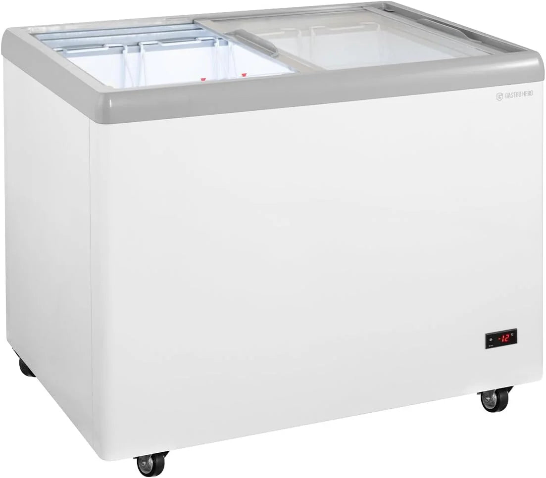 GastroHero Eiscreme Gefriertruhe 284 Liter Tiefkühltruhe LED Beleuchtung Schiebeglasdeckel Rollen Gefrierschrank Gewerbe Eis Truhe Verkauf –18 °C