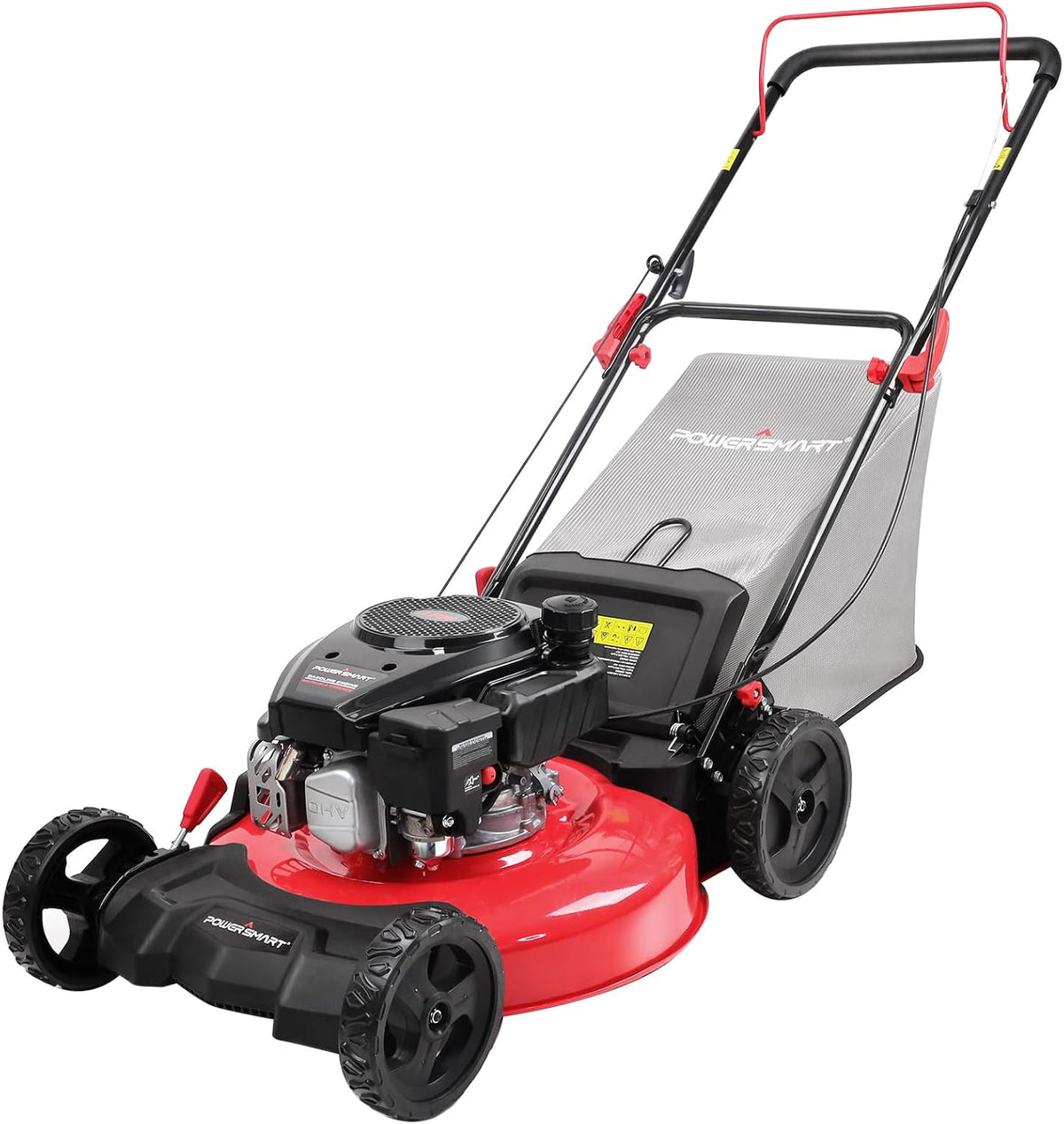 21-inch gas-powered lawn mower. equipped with a 144cc four-stroke all-terrain engine. featuring both crushing and side-discharge functions. with adjustable cutting height ranging from 6 positions.