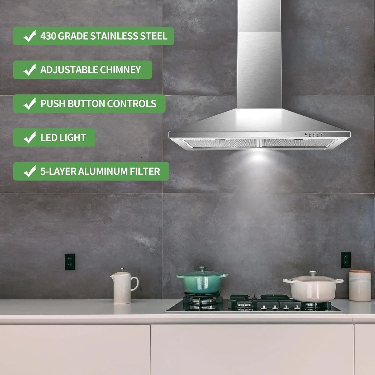 30 Inch Wall Mount Stainless Steel Range Hood. Modern Kitchen Exhaust Vent Hood with LED Light