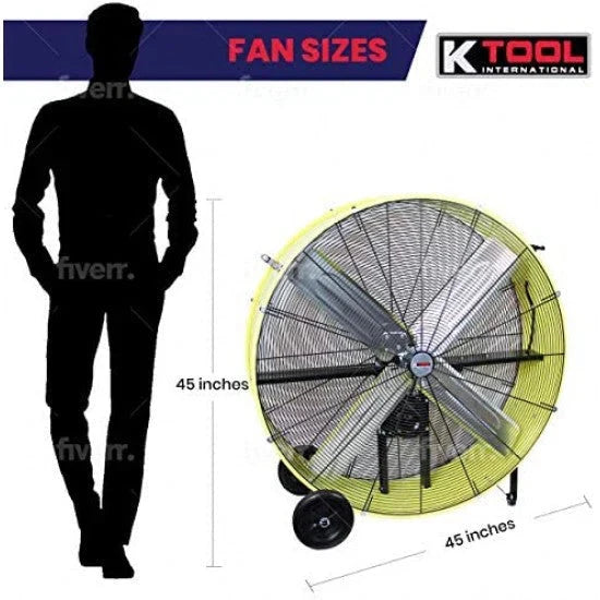 42′′ Belt Drive Drum Fan; Industrial. Garage. Shop. High Speed 2-Speed. Durable. Cut-Off Protection. Easy Mobility Rubber Wheels; SAFETY YELLOW.