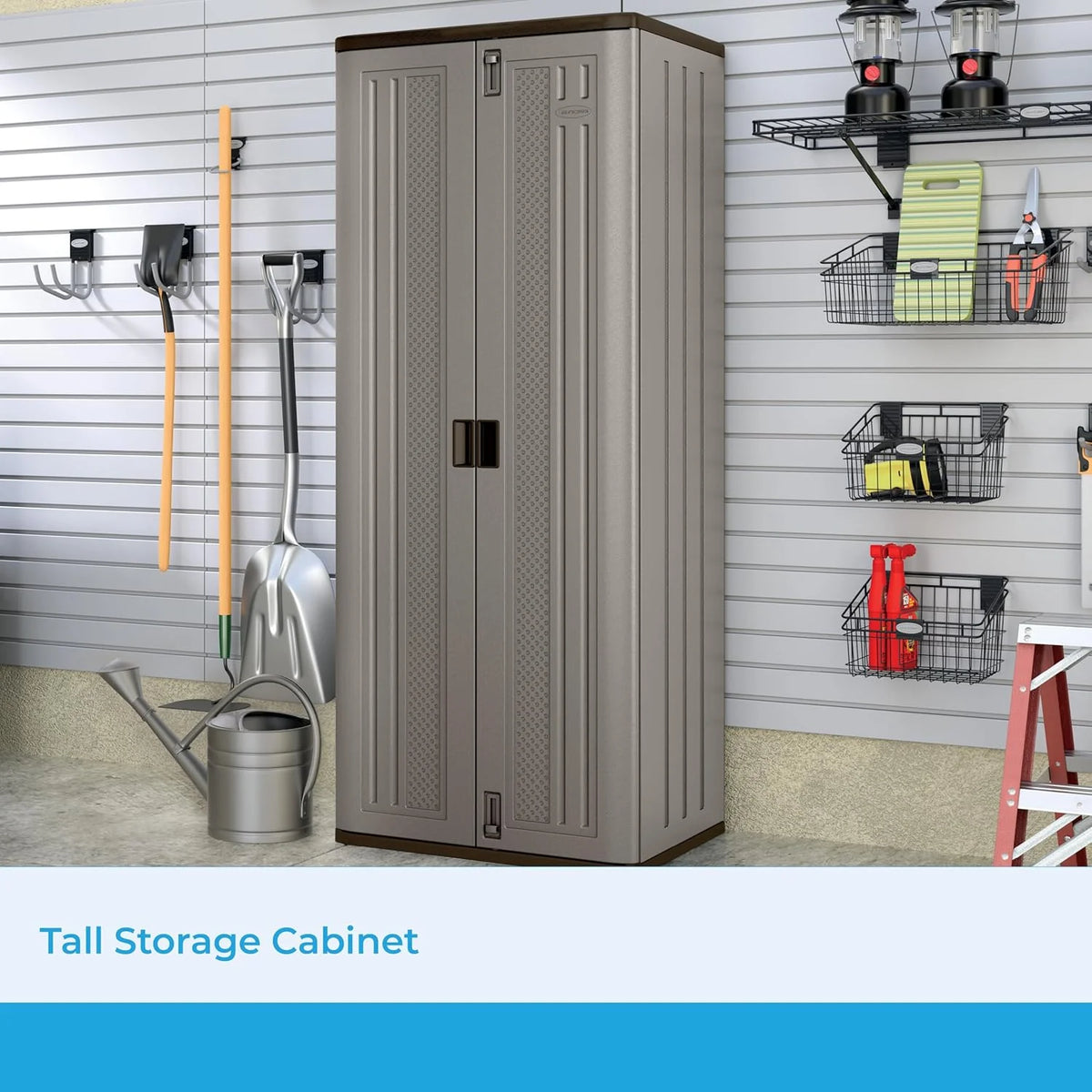 72-Inch Platinum Resin Storage Cabinet with Durable Double-Wall Construction. and Metal-Reinforced Shelves for Basement. Utility Room and Garage Storage. Platinum. Made in the USA