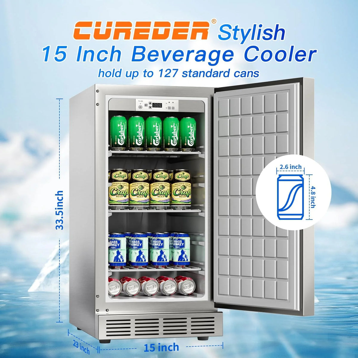 15 Inch Outdoor Refrigerator. Weather Proof Stainless Steel Beverage Beer Cooler Under Counter Fridge. Indoor/Outdoor Refrigerator with 3 Shelves for Patio Kitchen and Commercial Use