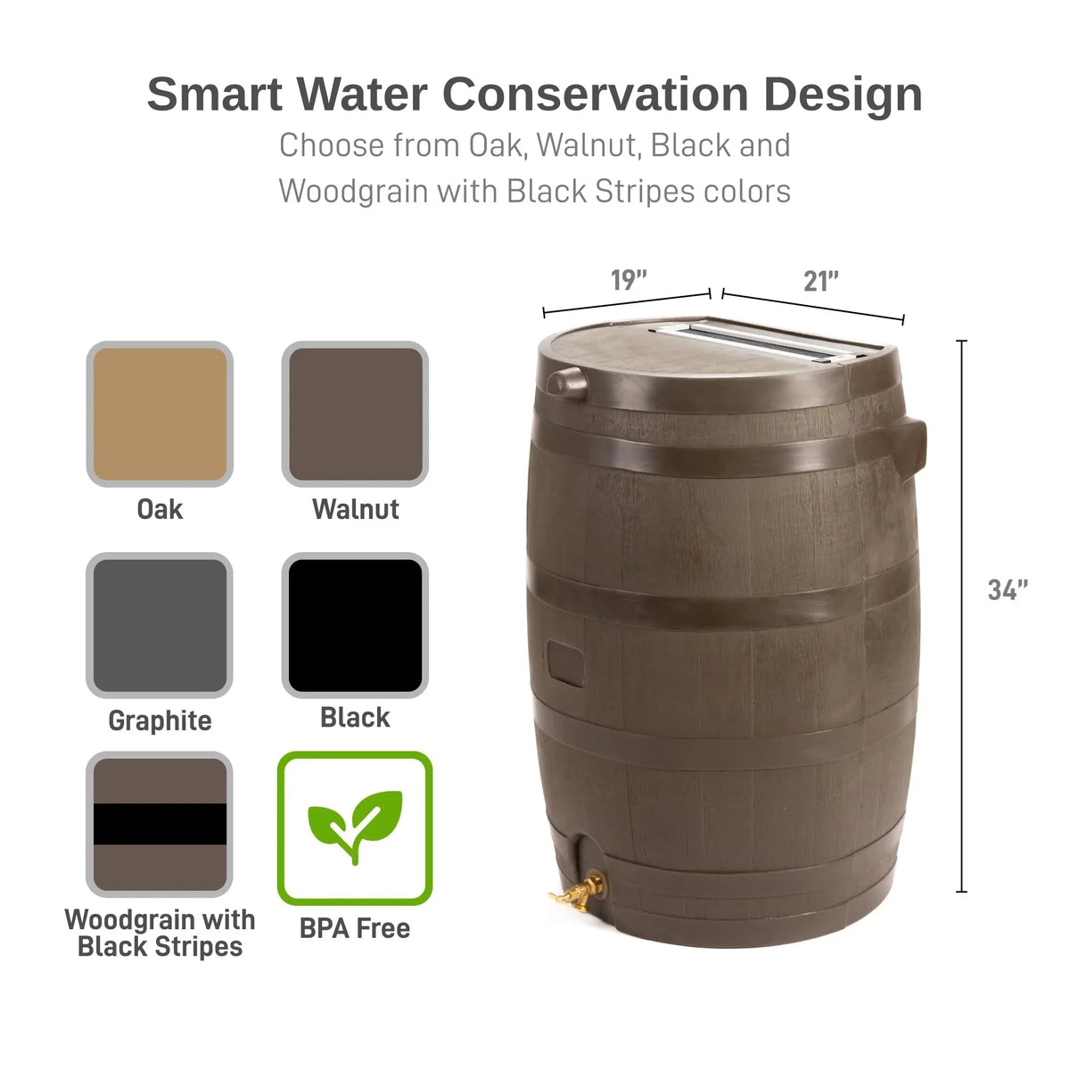 50 Gallon Rain Barrel with Brass Spigot. Walnut Rainwater Collection Barrel for Garden and Outdoor Use