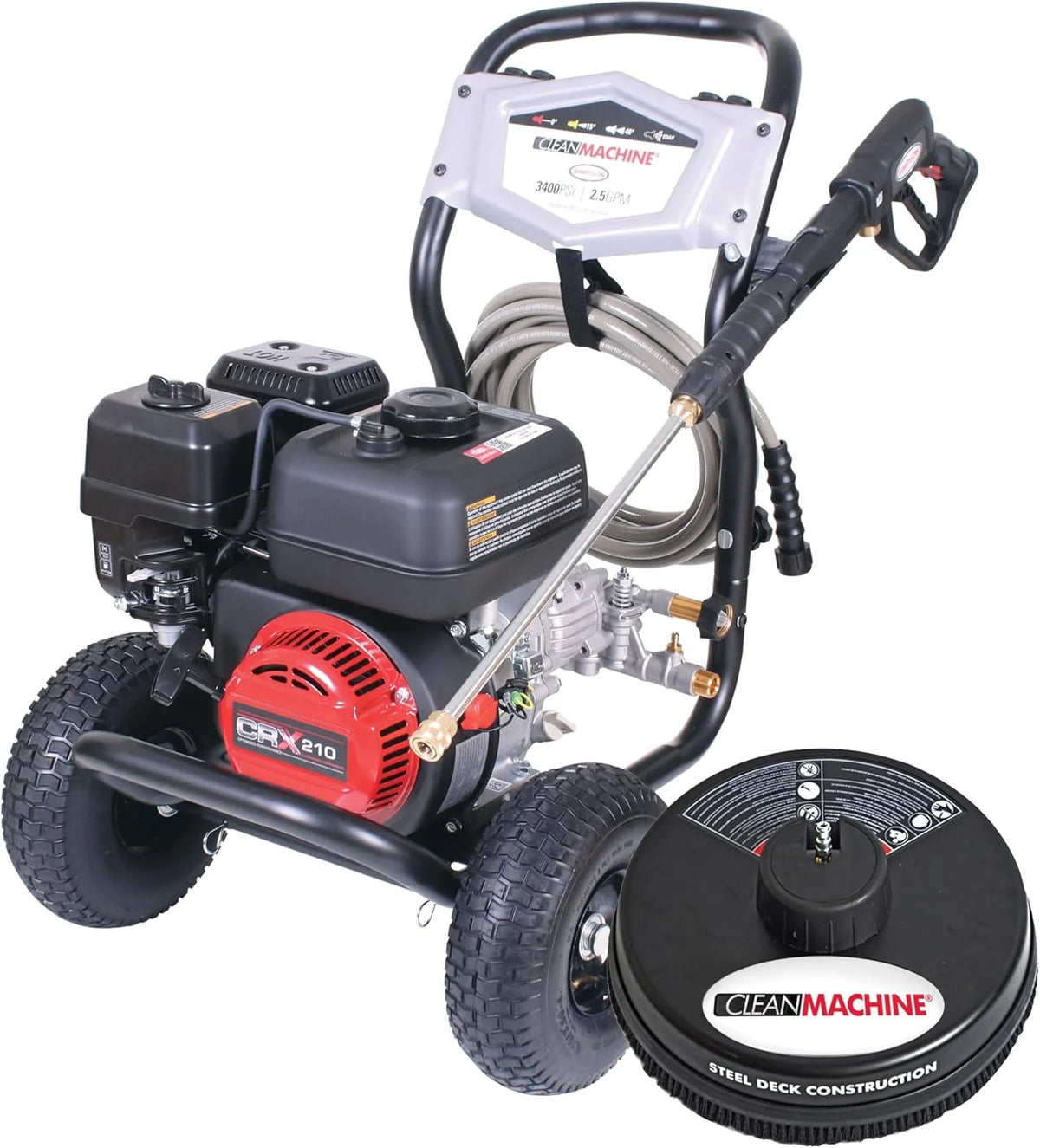 Cleaning CM61083 Clean Machine 3400 PSI Gas Pressure Washer. 2.5 GPM. CRX Engine. Includes Spray Gun and Wand. 4 QC Nozzle Tips. 5/16-in. x 25-ft. MorFlex Hose.