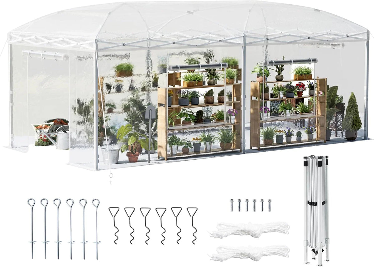 19.2×9.7×8.5 feet Outdoor upgraded retractable greenhouse with adjustable reinforced frame. portable walk-through greenhouse. equipped with 2 rollable zipped doors and mesh windows. PE shell. white