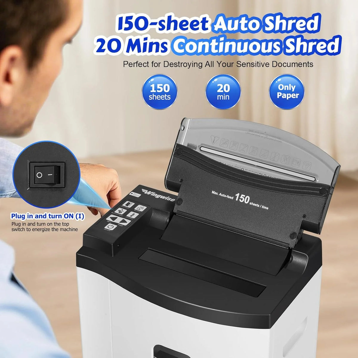 150 Sheet Auto-Feed Micro Cut Paper Shredder for Home Office Use. P-5 Super High Security (5/64 x 19/32 inches). Large 6-Gallon Bin. 20-Min Continuous Run. 55dB Ultra-Quiet. White