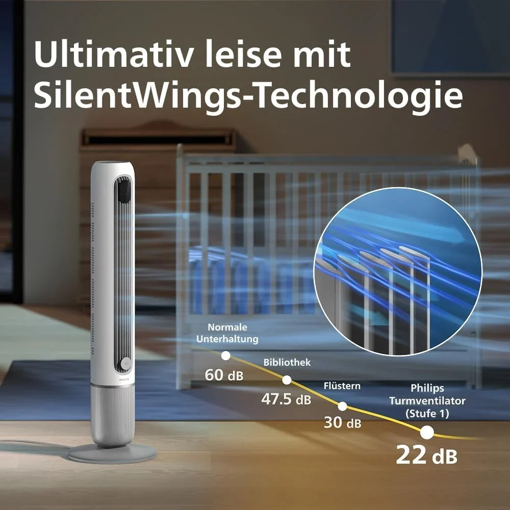 Philips Smarter Turmventilator 7000 Series – 8.4 m/s stark. ultraleise 22 dB. energieeffizient. App & Fernbedienung. Wlan. 12 Stufen. Schlafmodus.