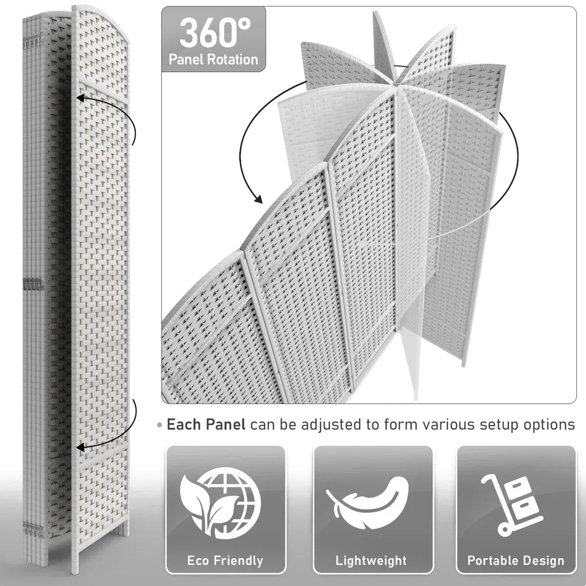 6 Panel Room Divider. 6ft Tall Extra Wide Folding Privacy Screen with Hand-Woven Mesh Panels