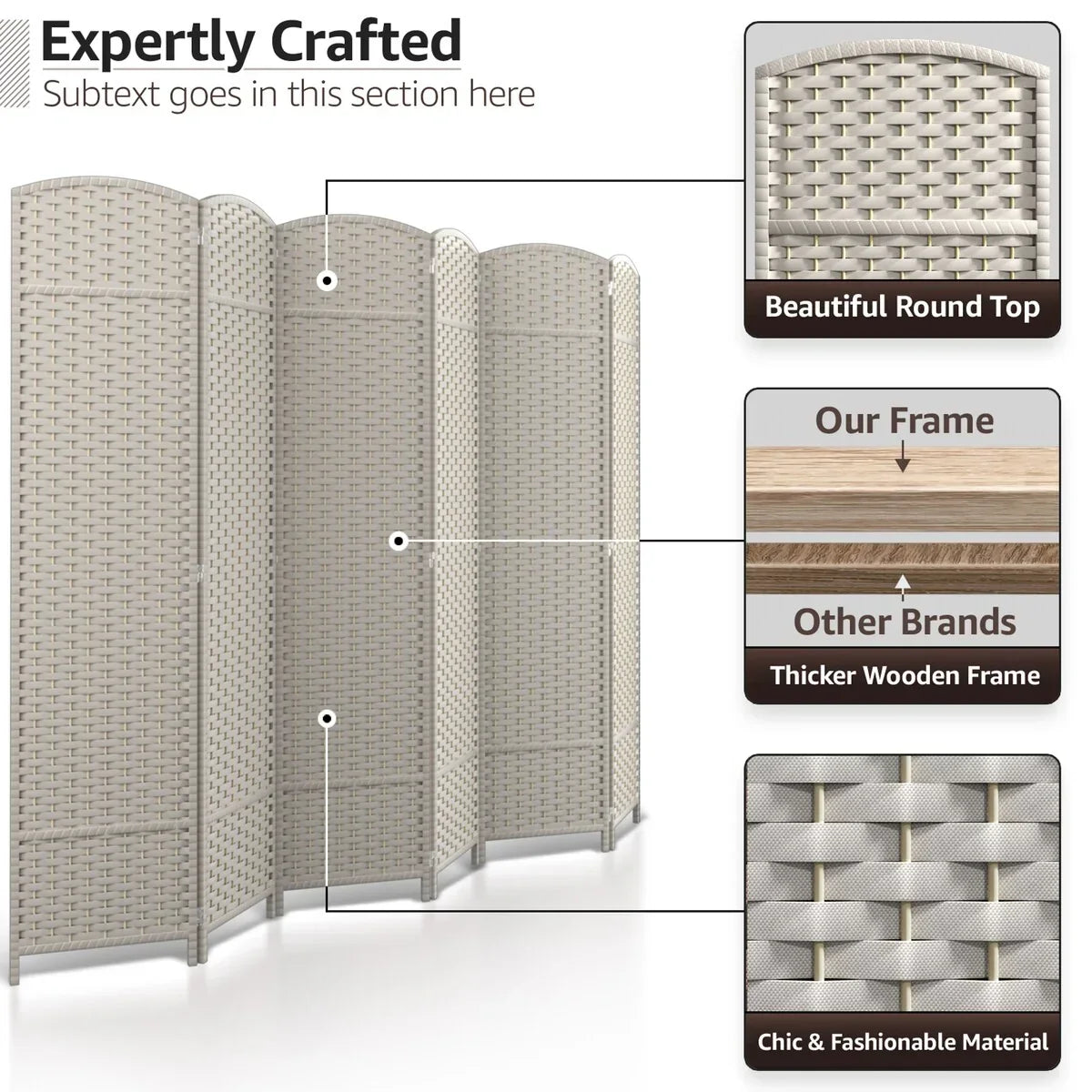 6 Panel Room Divider. 6ft Tall Extra Wide Folding Privacy Screen with Hand-Woven Mesh Panels
