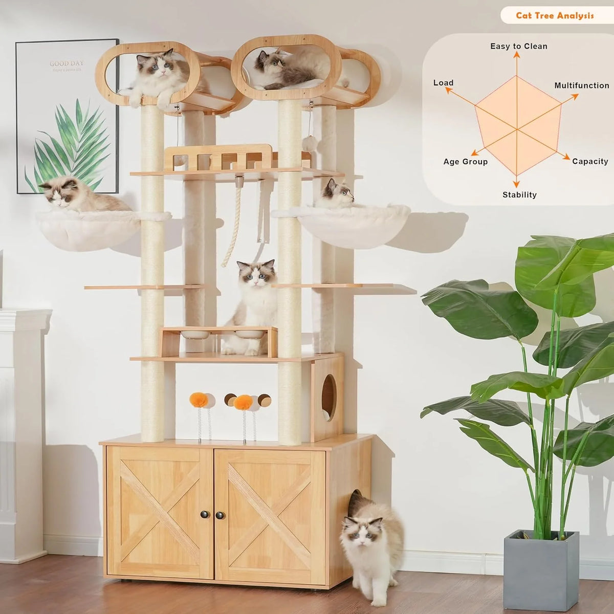 The Habori cat climbing frame with cat litter box storage box. a 76.8-inch wooden Menicos cat tower. equipped with a feeding station and a large platform. modern-style large cat apartment furniture. with a climbing column made of full Nisaal material