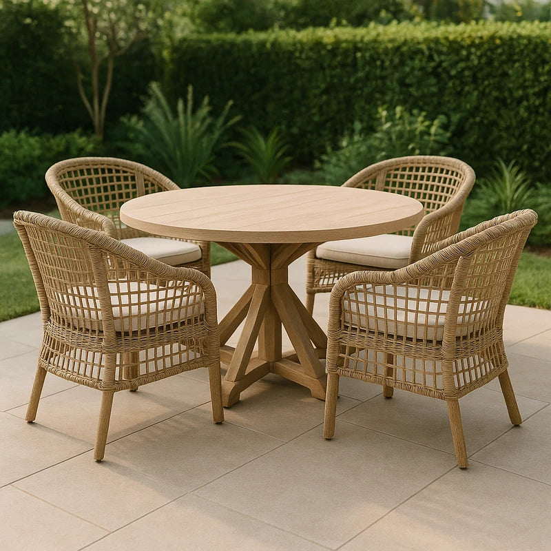Conjunto de Mesa Redonda y Sillas de Jardín Mimbre/Madera Teca Natural