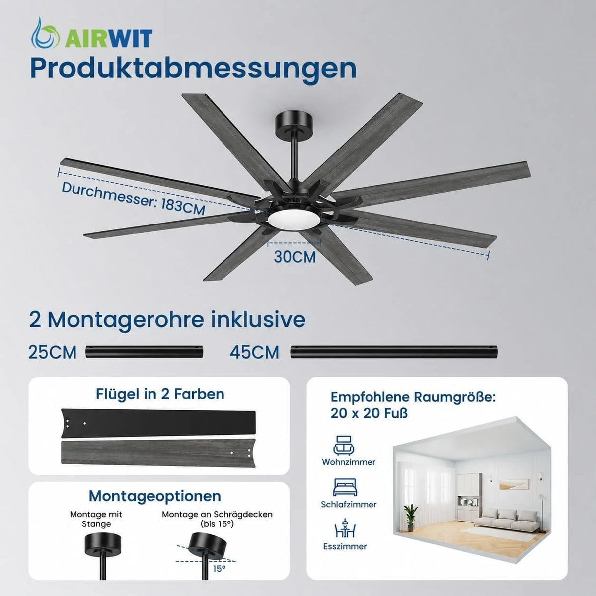 Airwit 183cm Deckenventilator mit Beleuchtung Extra Groß. Verbundholz Outdoor Leise Deckenventilator mit Licht und Fernbedienung. Lampe mit Ventilator