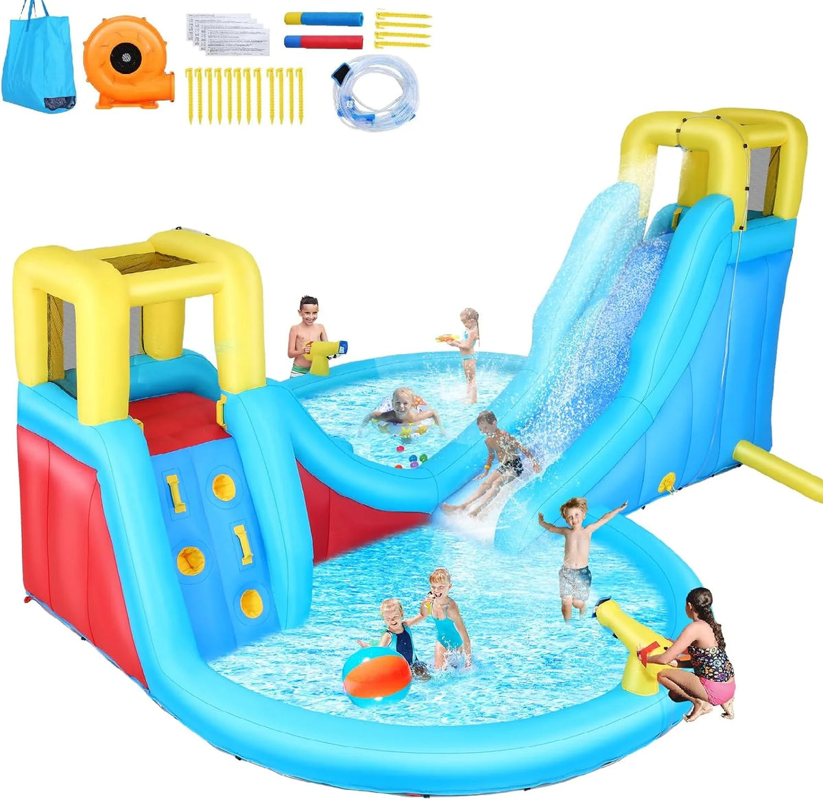 Inflatable Water Slide. 6 in 1 Outdoor Inflatable Water Park with Climbing. Basketball Rim. Splash Pool. Water Cannon. Blow up Water Slides for Kids Backyard