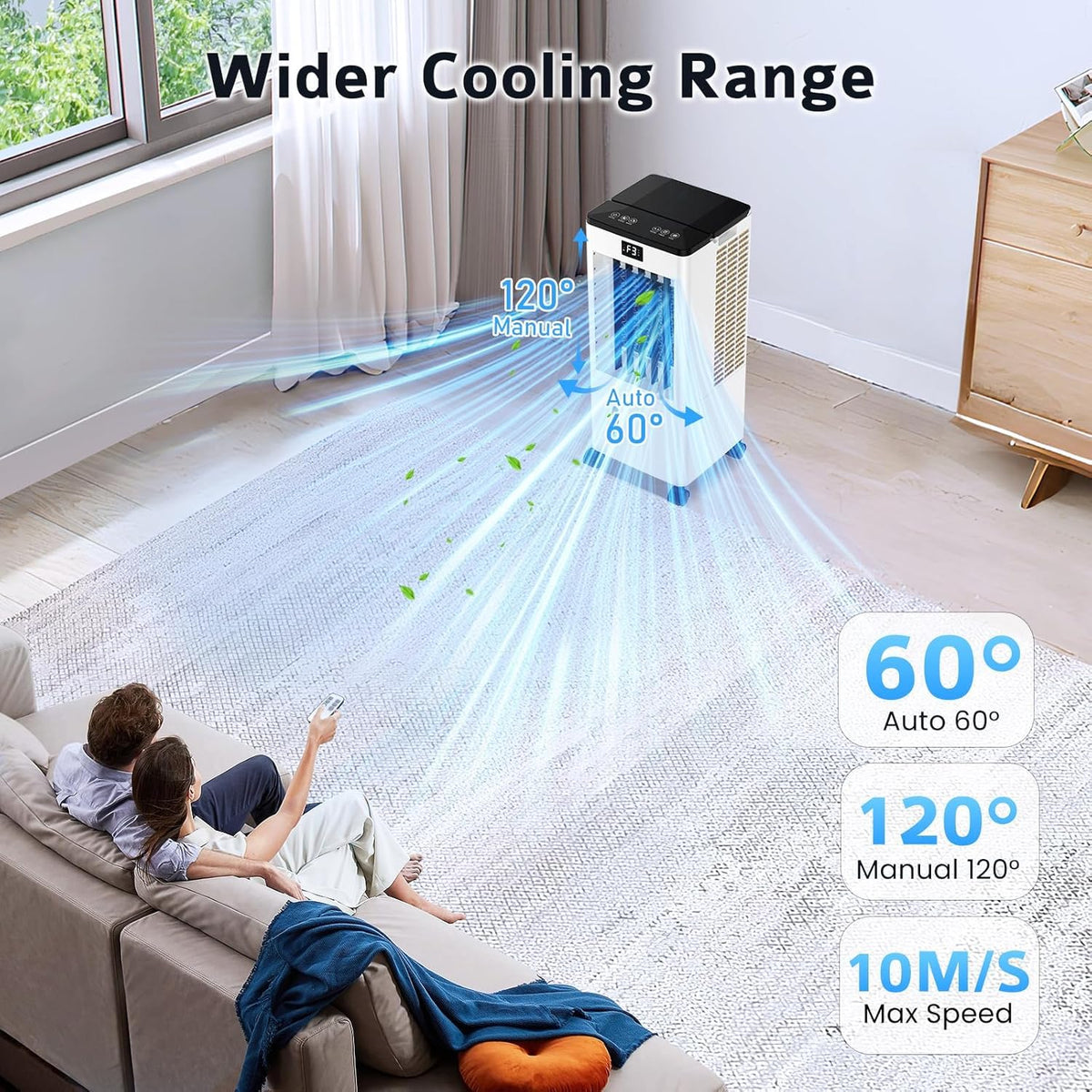 Aire Acondicionado Portátil sin Tubo. Enfriador de Aire Grande 4 en 1. 4 Modos 3 Velocidades. Climatizador Evaporativo 60W. Temporizadores de 1-12 H.