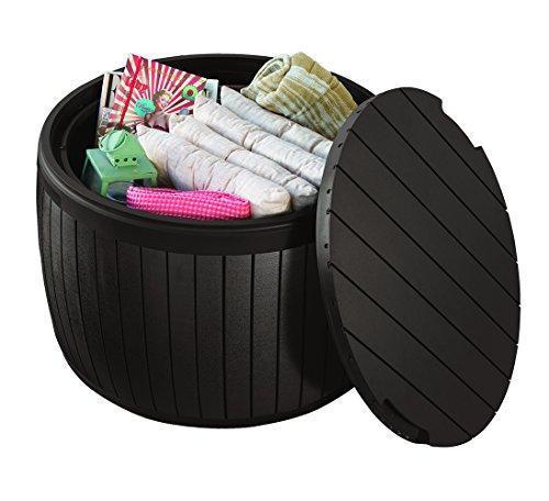 37 Gallon Round Deck Box. Patio Table for Outdoor Cushion Storage. Brown